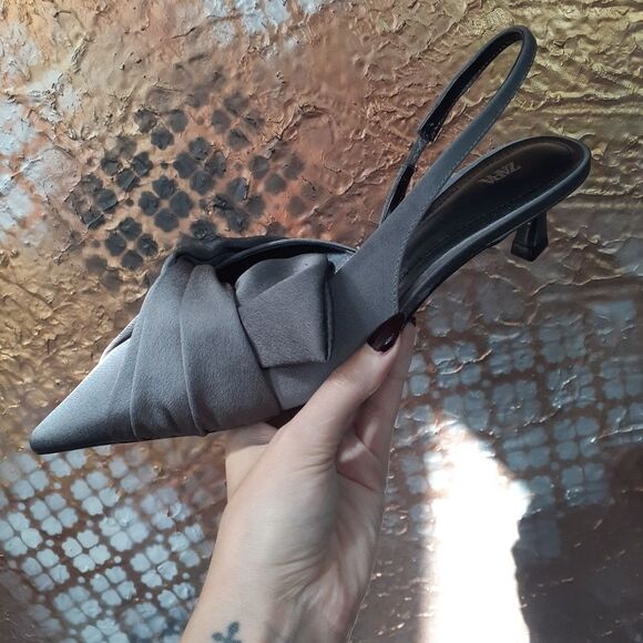 Zara Nwot Gray Satin Slingback Kitten Heels - Picture 5 of 15